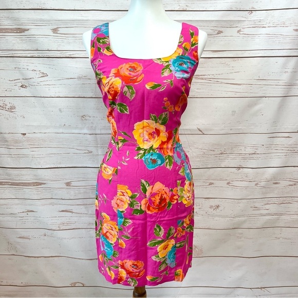 Vintage Retro 90’s Moda INTL Fuchsia Tropical Floral Pocket Sheath Dress - Picture 1 of 10